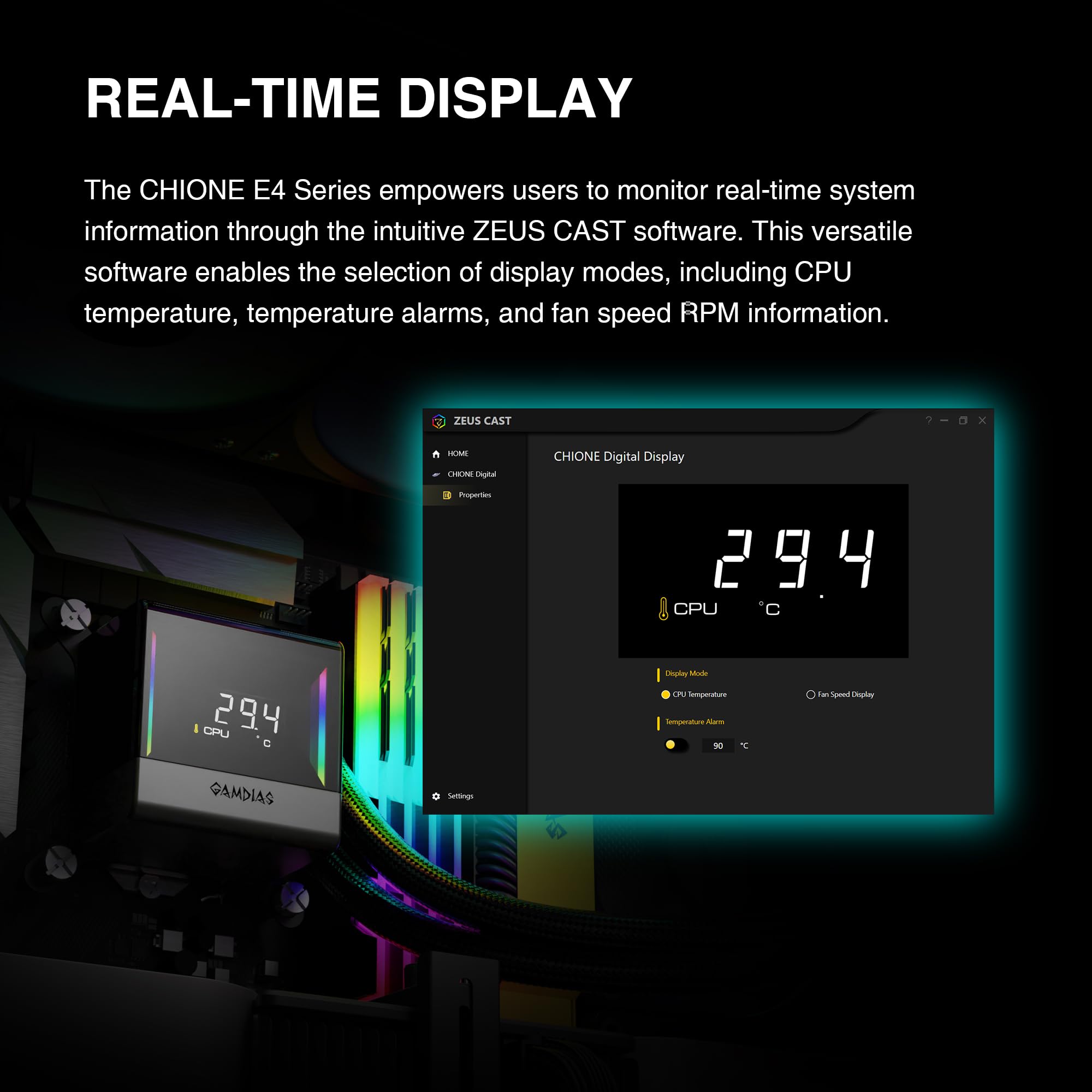 GAMDIAS CHIONE E4 240mm AIO Liquid CPU Cooler, Real-Time Digital Display Patented PWM Pump, 2 x 120mm Easy Cable Management Daisy Chained Fans w/ ARGB Sync, Intel LGA 1851/1700/1200；AMD AM5/AM4, Black