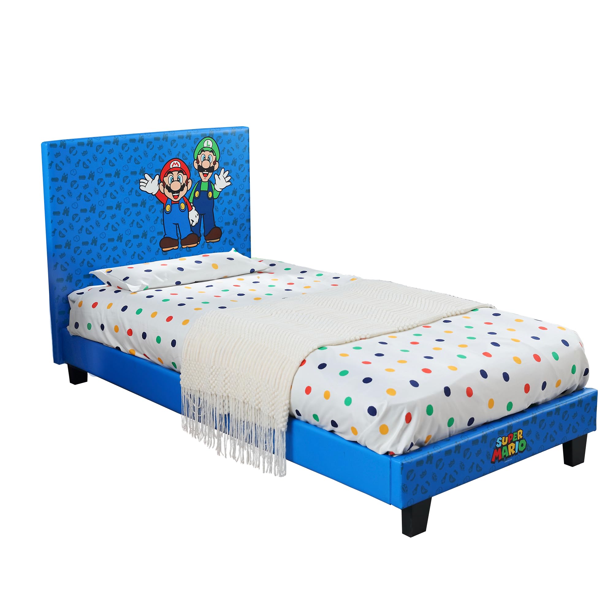 X-Rocker Official Nintendo Super Mario Gaming Bed for Kids, 3ft Single Bedstead Frame, Wooden Slats, PU Faux Leather Upholstered Headboard, Mario & Luigi, Kids Bedroom for Gamers 90x190cm - RED