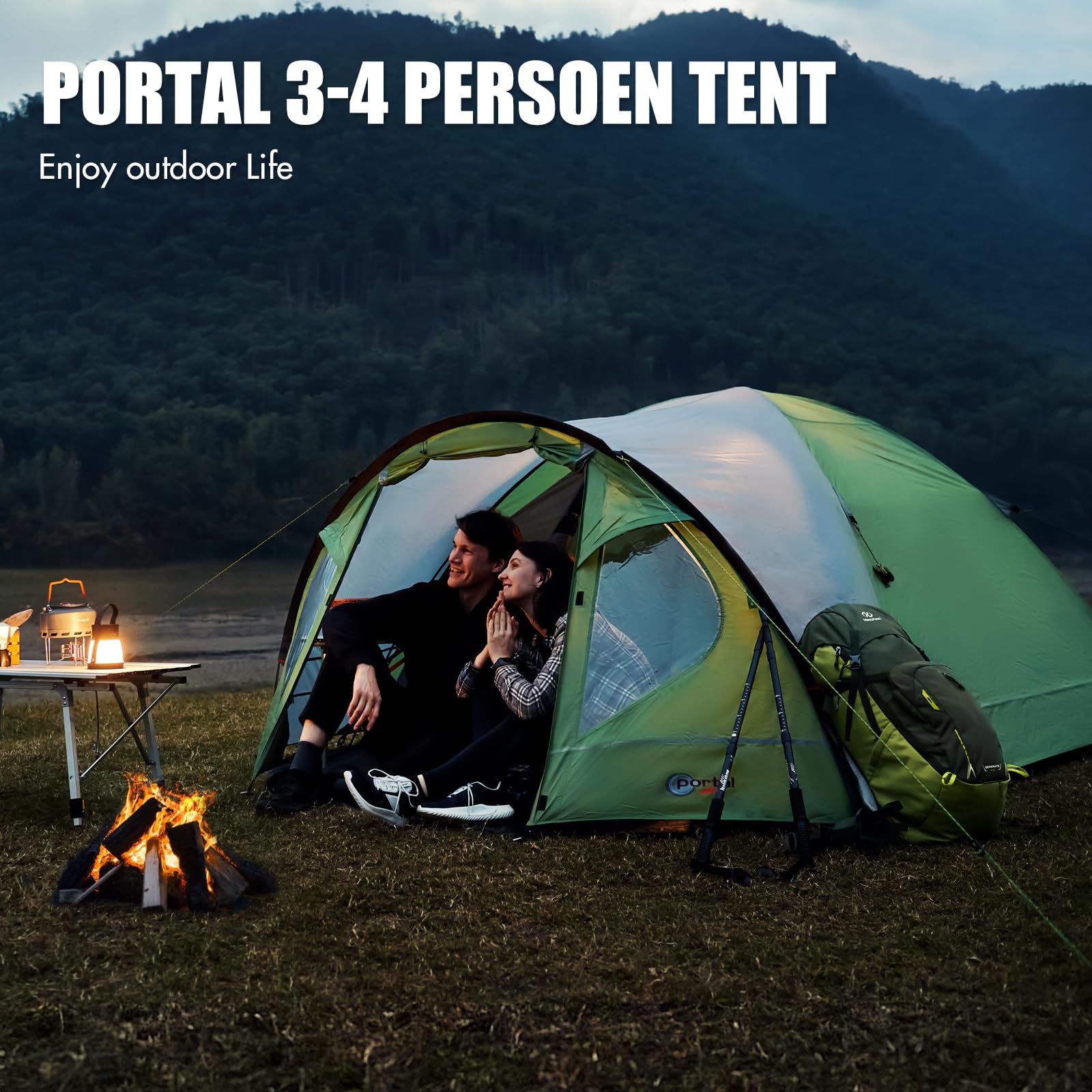 Portal 3-4 Man Tent with Porch, Camping Tent for 3 to 4 Persons with Sewn-in Groundsheet, 4000mm Waterproof Family Tent with Bedroom, Lightweight Dome Tent for Outdoor Garden Backpacking Hiking