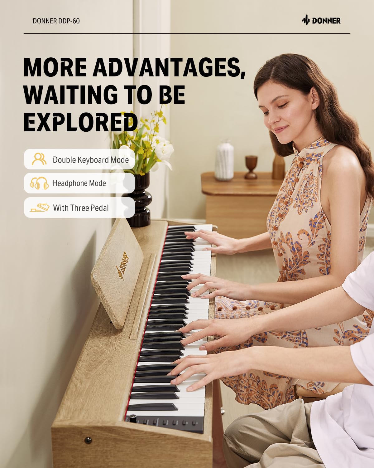 Donner DDP-60 88 Key Digital Piano for Beginner, Electric Keyboard with Velocity-Sensitive Keys, 128 Voices, 83 Rhythms, 8 Reverb Effects, 5 Strength Curves, Auto Chord, Gray