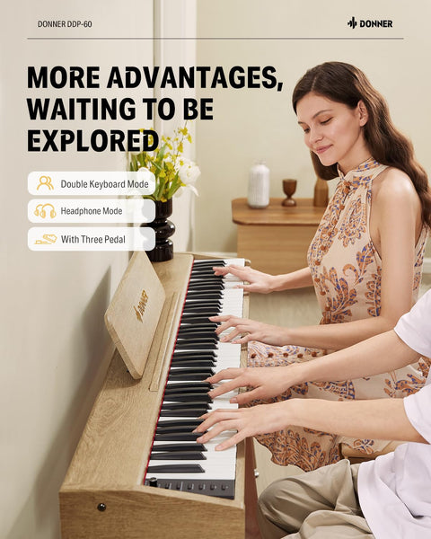 Donner DDP-60 88 Key Digital Piano for Beginner, Electric Keyboard with Velocity-Sensitive Keys, 128 Voices, 83 Rhythms, 8 Reverb Effects, 5 Strength Curves, Auto Chord, Gray