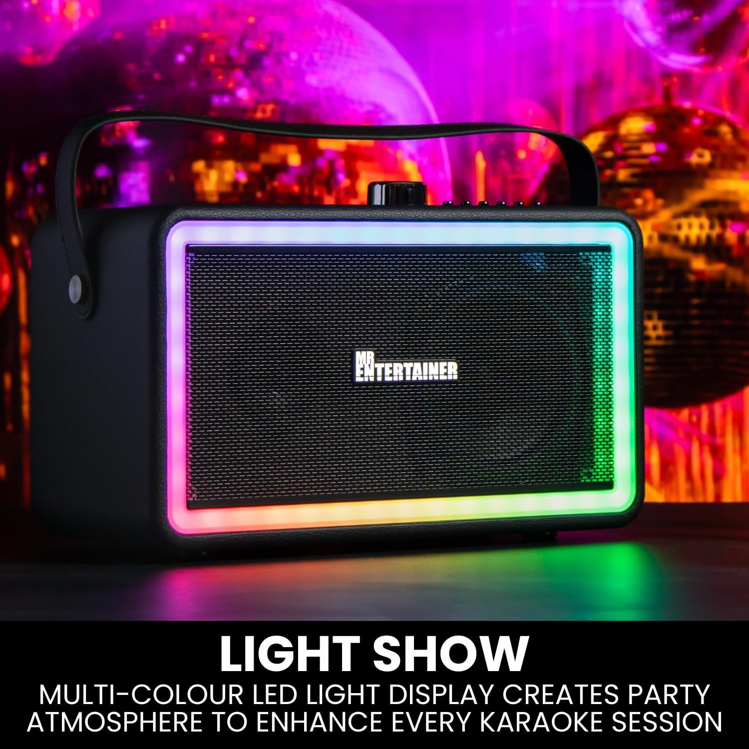 Karaoke Machine & Portable Speaker with Wireless Microphones & Lights. Mr Entertainer Neon