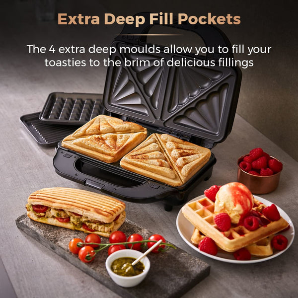 Tower T27032 3-in-1 Deep Filled Snack Maker with Non-Stick Coated Plate and Automatic Temperature Control, 900W, Stainless Steel