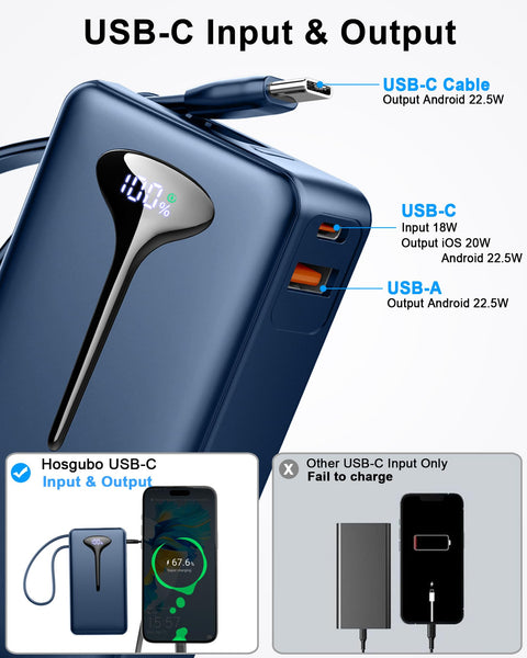 Power Bank Fast Charging, 22.5W Portable Charger 10000mAh, Small Battery Pack USB-C In & Out, Lightweight Powerbank with Built in Cable for iPhone 16/15/14/13/12, Samsung Galaxy, Xiaomi, Android etc
