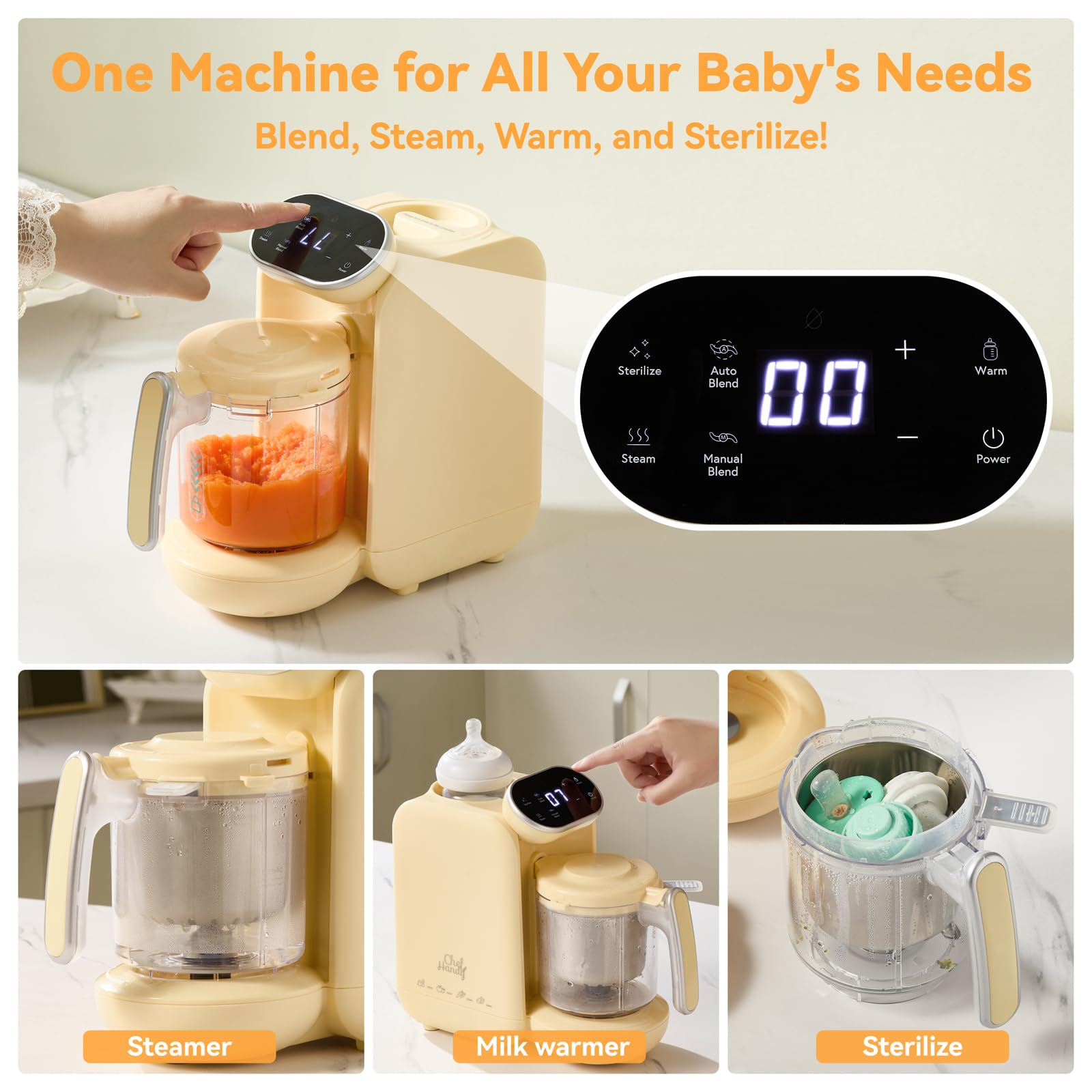 Chefhandy Baby Food Maker, 5 in 1 Baby Food Processor with Stainless Steel Steam Basket, Food Puree Maker with Steamer, Blender, Bottle Warmer Function, Auto Cooking & Grinding, Touchscreen (Green)