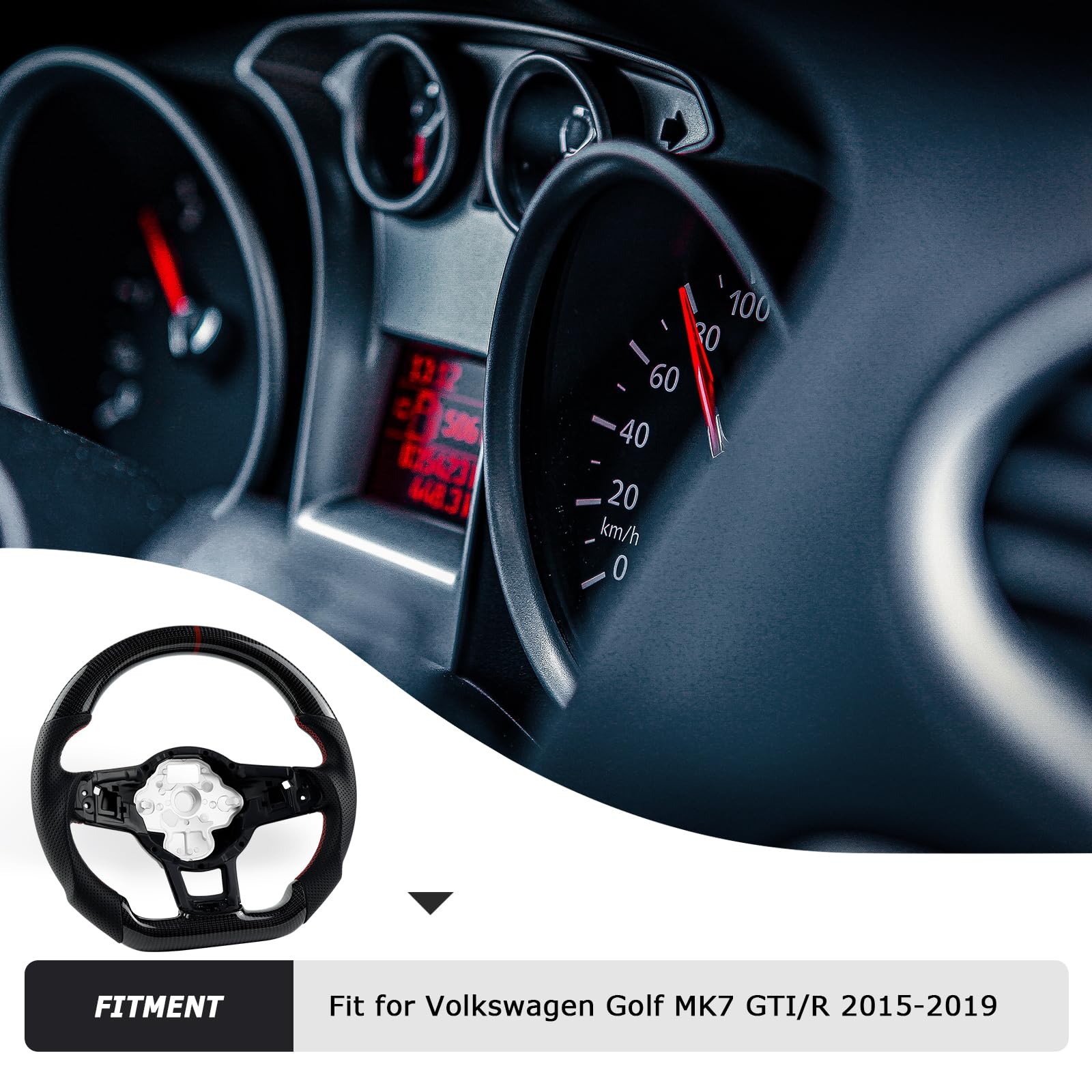 Acclcors Carbon Fiber Steering Wheel, D-Shaped Flat-Bottomed Steering Wheel with Red Stitching, Perforated Leather Grip for VW Volkswagen Golf MK6 2008-2014