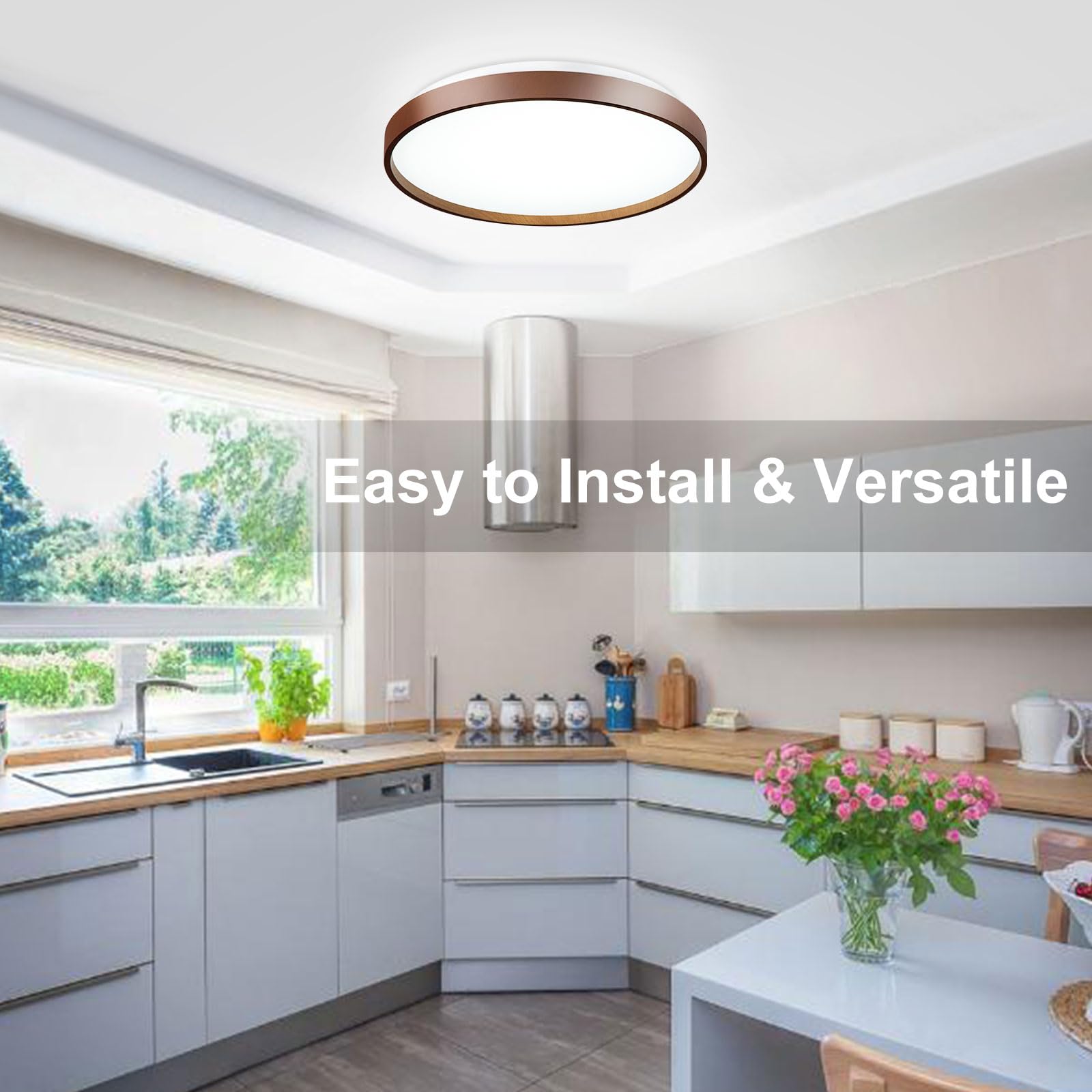 DINGLILIGHTING 13 Inch Wood Grain LED Ceiling Light Fixture, 24W Modern Flush Mount Ceiling Lights, Low Profile Circle Ceiling Lamp for Hallway