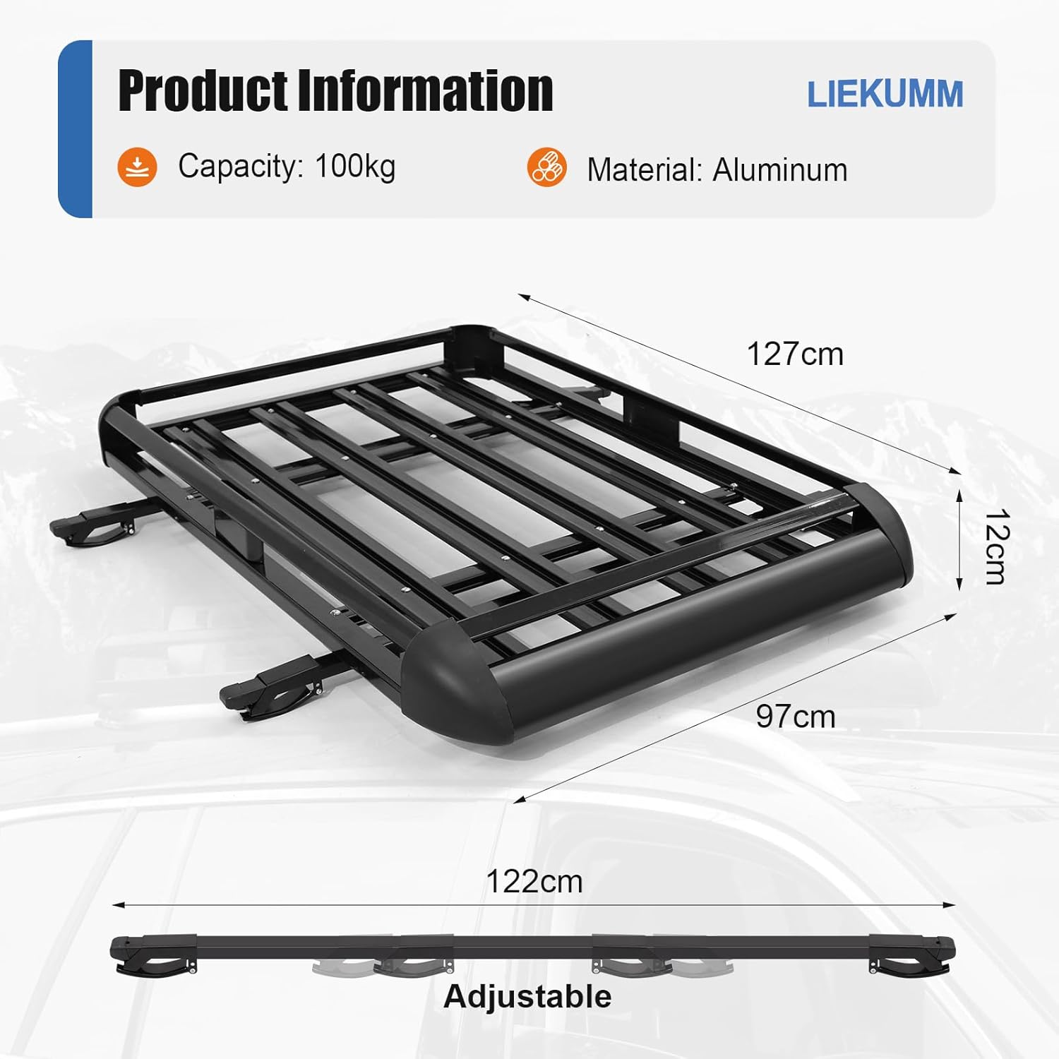 LIEKUMM 127 x 97 cm Roof Rack, 100 kg Load Capacity Aluminium Roof Rack Basket Rail Carrier, Car Roof Rack Cargo Rail Carrier Universal Luggage Basket for Universal SUV, Black