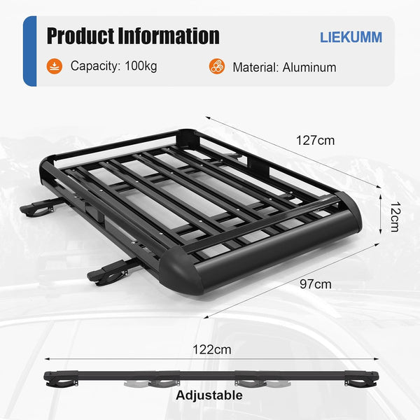 LIEKUMM 127 x 97 cm Roof Rack, 100 kg Load Capacity Aluminium Roof Rack Basket Rail Carrier, Car Roof Rack Cargo Rail Carrier Universal Luggage Basket for Universal SUV, Black