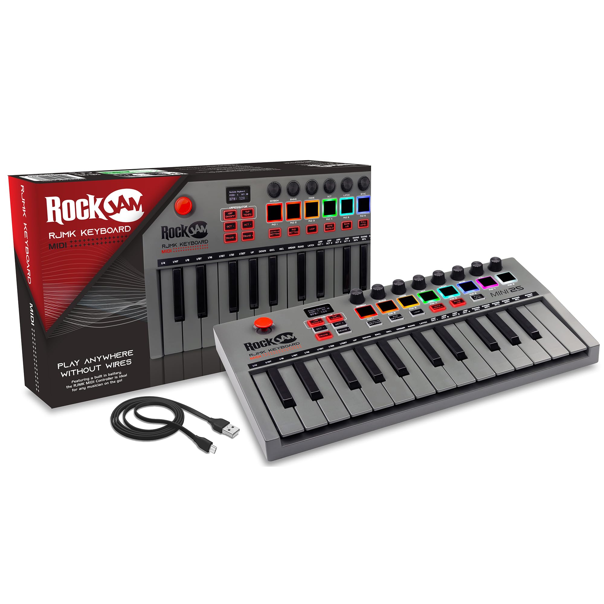 RockJam 25-Key Rechargeable USB MIDI Keyboard Controller – Mini Piano Keyboard with Velocity-Sensitive Pads, Synth Controller, Bluetooth/Wired MIDI, Arpeggiator, DAW Compatible