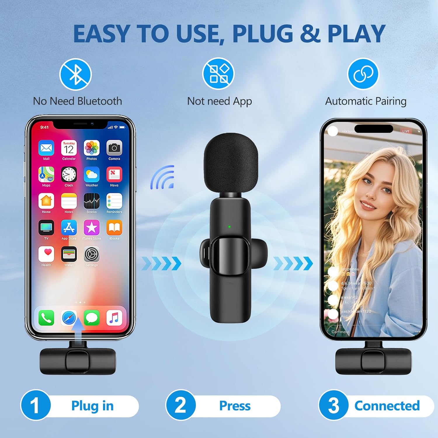 Wireless Lavalier Microphone for iPhone - iPad, Android Phone,Computer,Mini Microphone with Noise Reduction and Crystal Sound for Live Streaming,Video Recording, YouTube,Vlog,TikTok