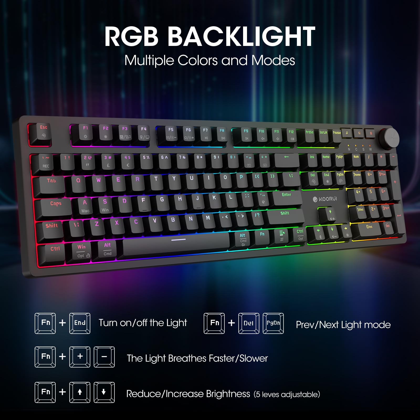KOORUI Gaming Keyboards, 26 RGB Backlit Mechanical Keyboard Wired 104 Keys Full Size UK Layout with Blue Switch Gamer Keyboards for Windows MacOS Linux