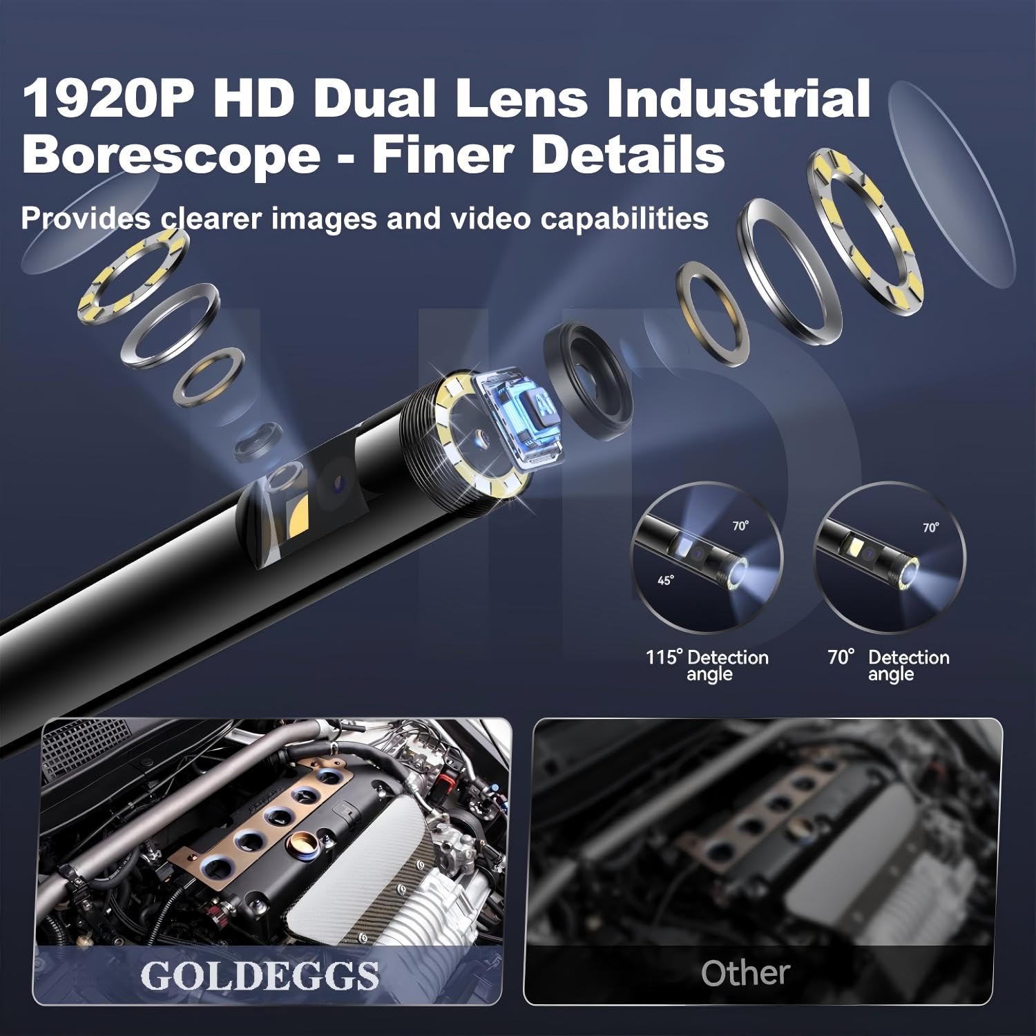 GOLDEGGS Two-Way Articulating Endoscope Inspection Camera with Light, IP67 Waterproof Flexible Snake Borescope Camera for Wall/Automotive/Sewer/Air Conditioner/Home Appliance Repair with (5.2FT/1.5M)