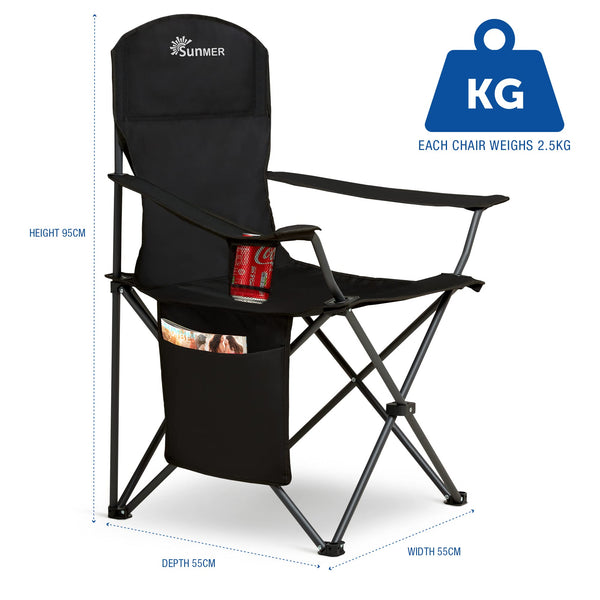 SUNMER Set of 2 Folding Camping Chairs, Extra-Wide Lightweight Outdoor Chairs with Armrests, Cup Holder and a Side Pocket, 120kg Capacity per Chair - Black