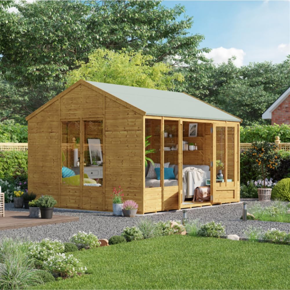 BillyOh Petra 12x10 Reverse Apex Summer House Shed, Log Cabin | Wooden Garden Room with Wide Double Doors, Tear Resistant Felt, Tongue and Groove Construction | Versatile Tiny Home or Garden Office