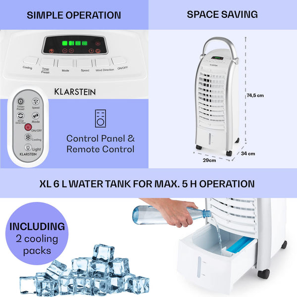 Klarstein 65W Portable Air Cooler, 4-In-1 Evaporative Air Coolers for Home, Silent with Night Mode, Humidifier, Ventilator, Small Water Cooler, 6 L Ice Fan Portable Cooler, 444m³/h Air Flow, White