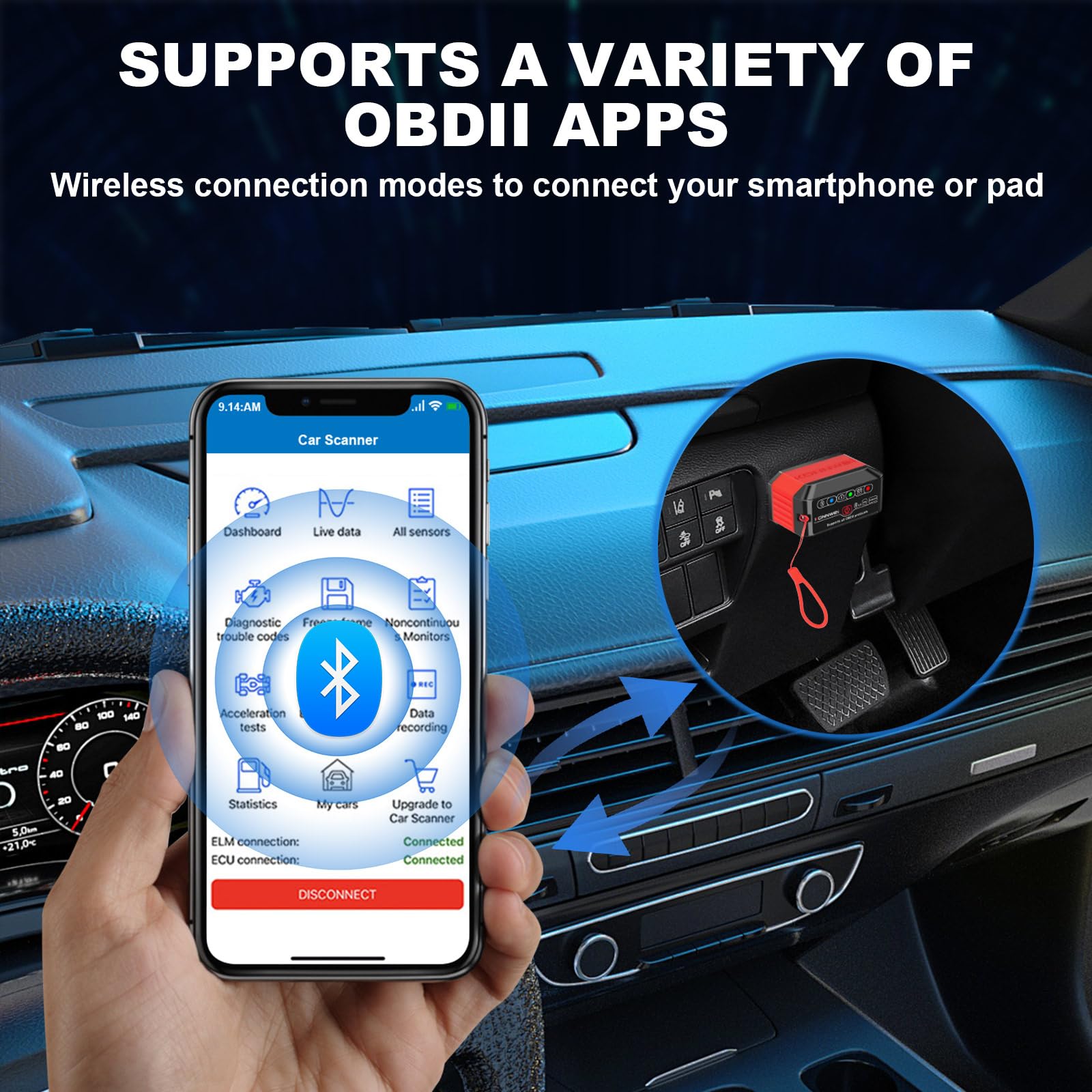 jianyana OBD2 Code Reader, OBD2 Scanner Bluetooth Universal Car Engine Fault Code Reader Car Diagnostic Scanner Diagnostic Scan Tool with BMW Ford VW Audi All OBDII Vehicles