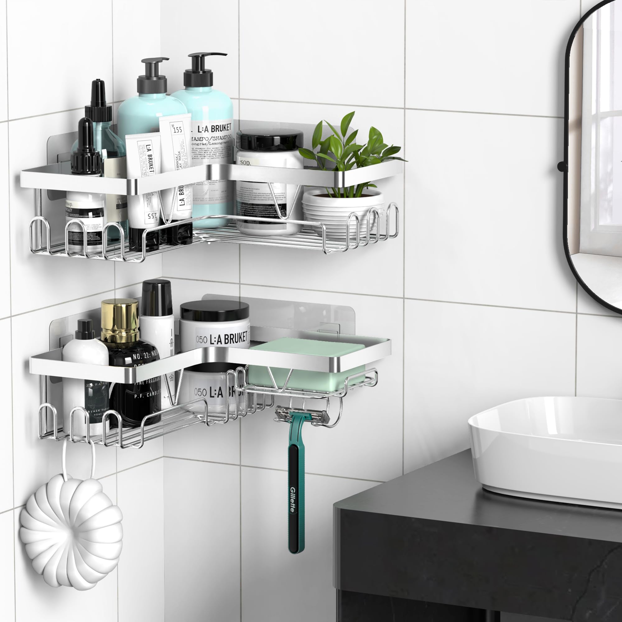 Kegii Telescopic Shower Caddy Corner - Stainless Steel Shower Shelf No Drilling Bathroom Caddy with Soap Holder and Hooks(White), On The Bath or Stand Up Shower