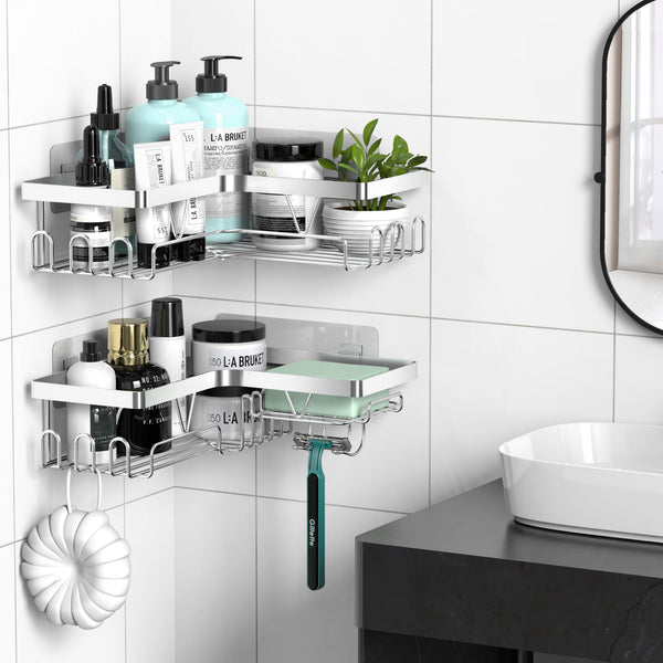 Kegii Telescopic Shower Caddy Corner - Stainless Steel Shower Shelf No Drilling Bathroom Caddy with Soap Holder and Hooks(White), On The Bath or Stand Up Shower