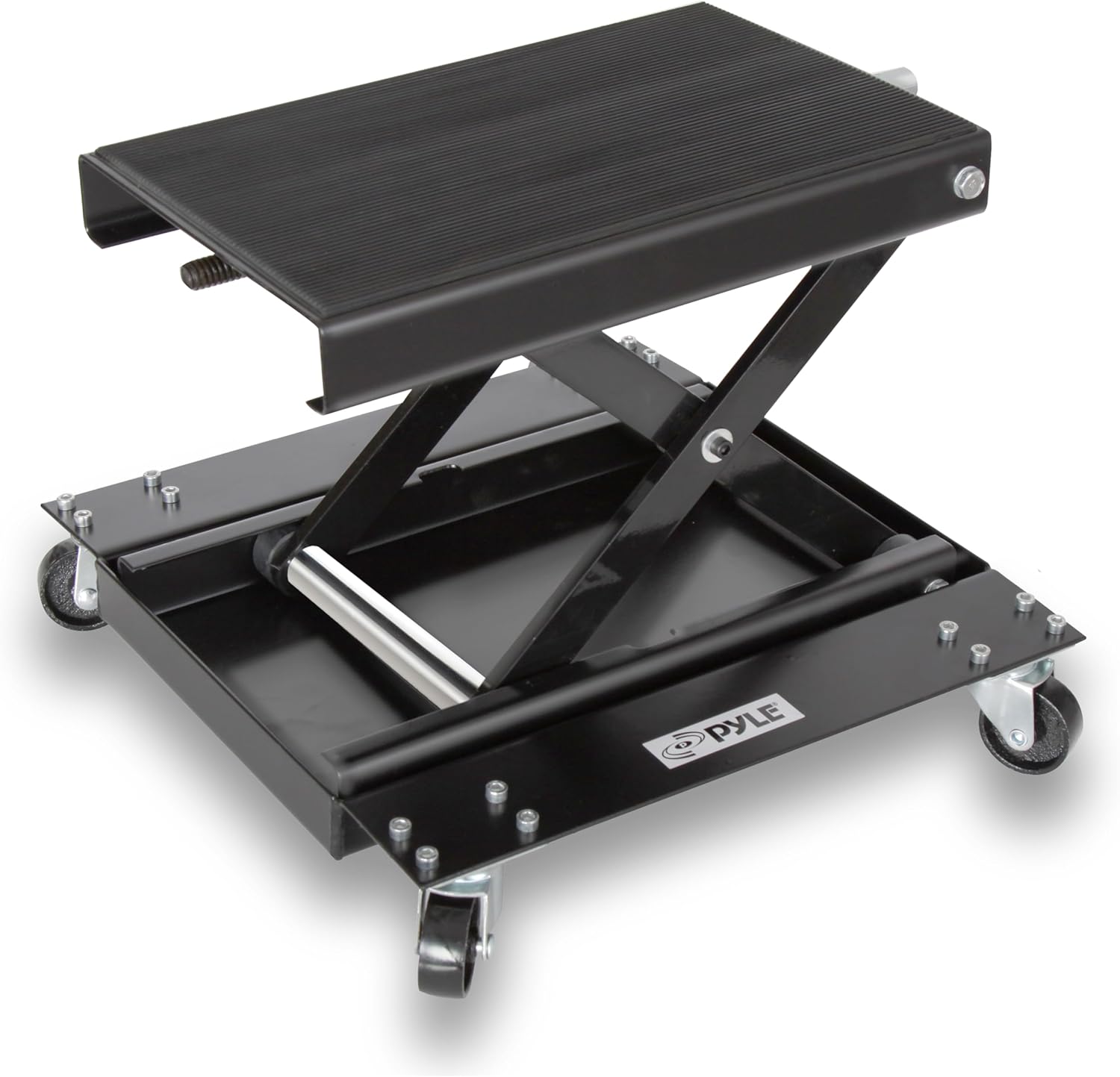 Pyle Heavy Duty Motorcycle Lift Table, Portable Scissor Jack with Dolly, 500kg Capacity, Collapsible with Caster Wheels, Anti-Skid Rubber Pad, Car Jack Kit, Bike Lift, Tyre Changing Kit for Garage