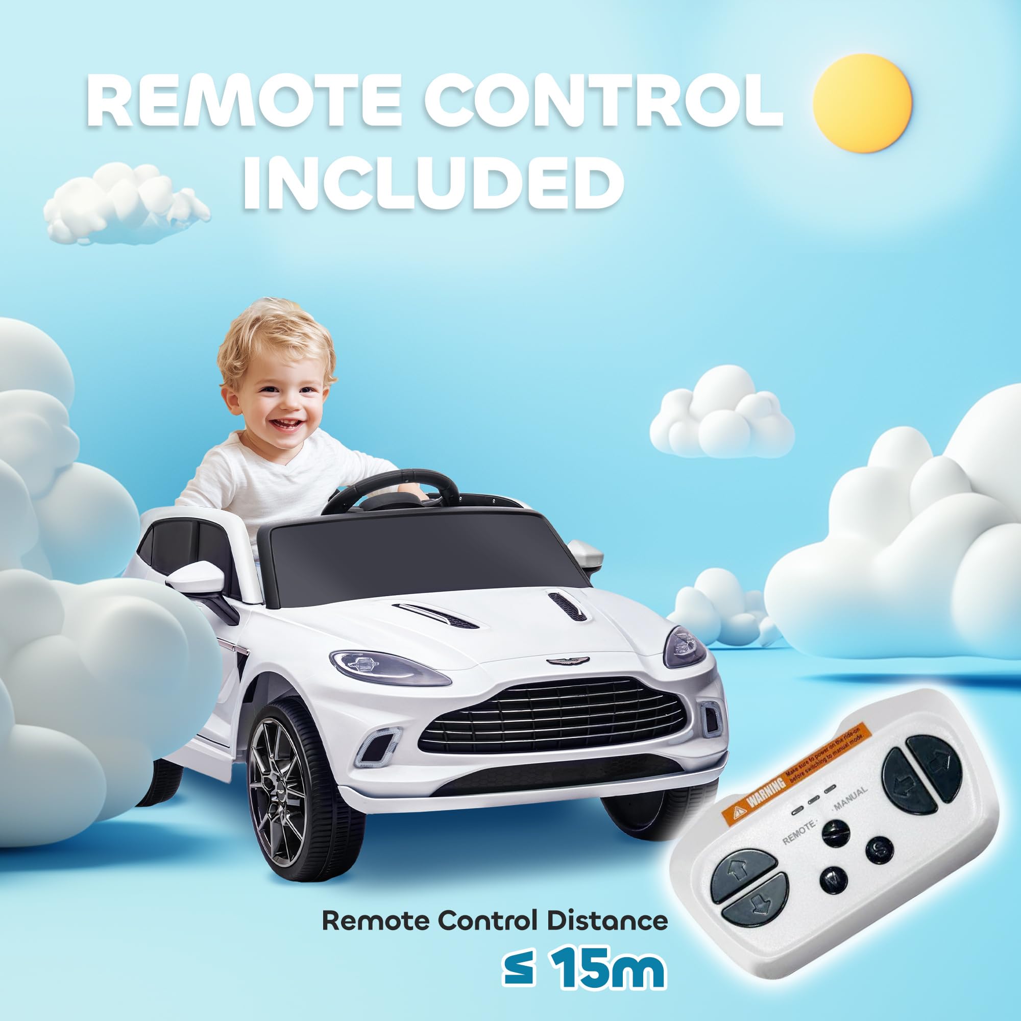 AIYAPLAY 12V Kids Electric Car, Aston Martin DBX Licensed Kids Ride on Car with Remote Control, 4 Suspension Wheels, LED Lights, Music, Horn, Slow Start, for Ages 3-6 Years, Blue