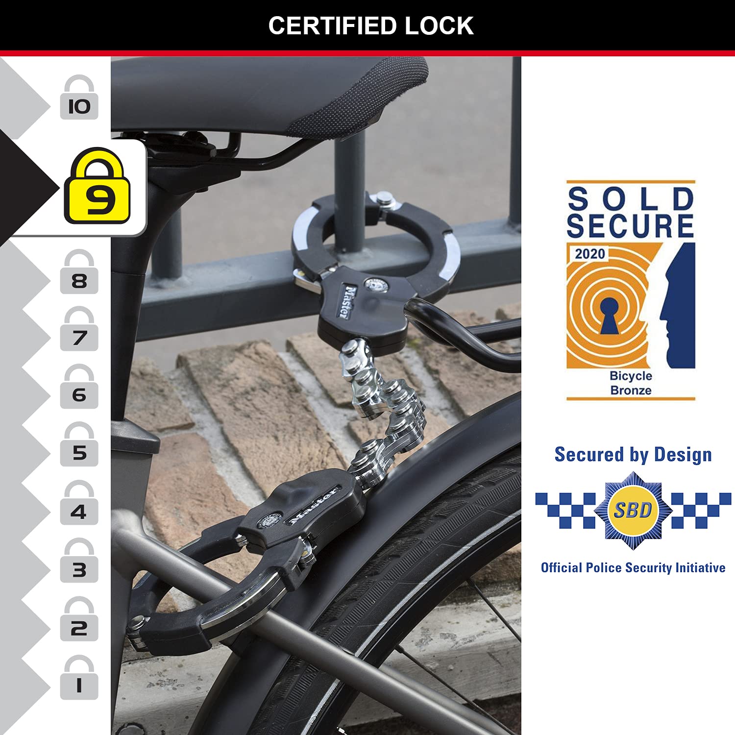 MASTER LOCK Police Approved Bike Lock and E-Scooter Lock, Hardened Laminated Steel, 4 Keys, 550 x 76 x 27 mm, for e bike scooter quad, Silver