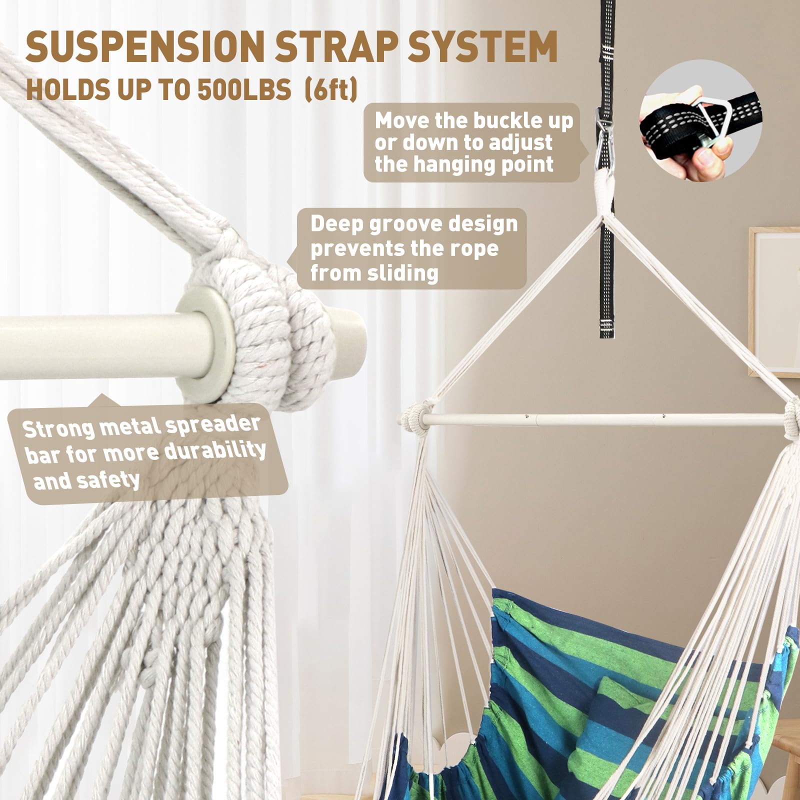 Chihee Hammock Chair Hanging Chair with Foot Rest 2 Cushions Max 550lbs Robust Metal Spreader Bar Collapsible Easy Storage Soft Cotton Swing Chair