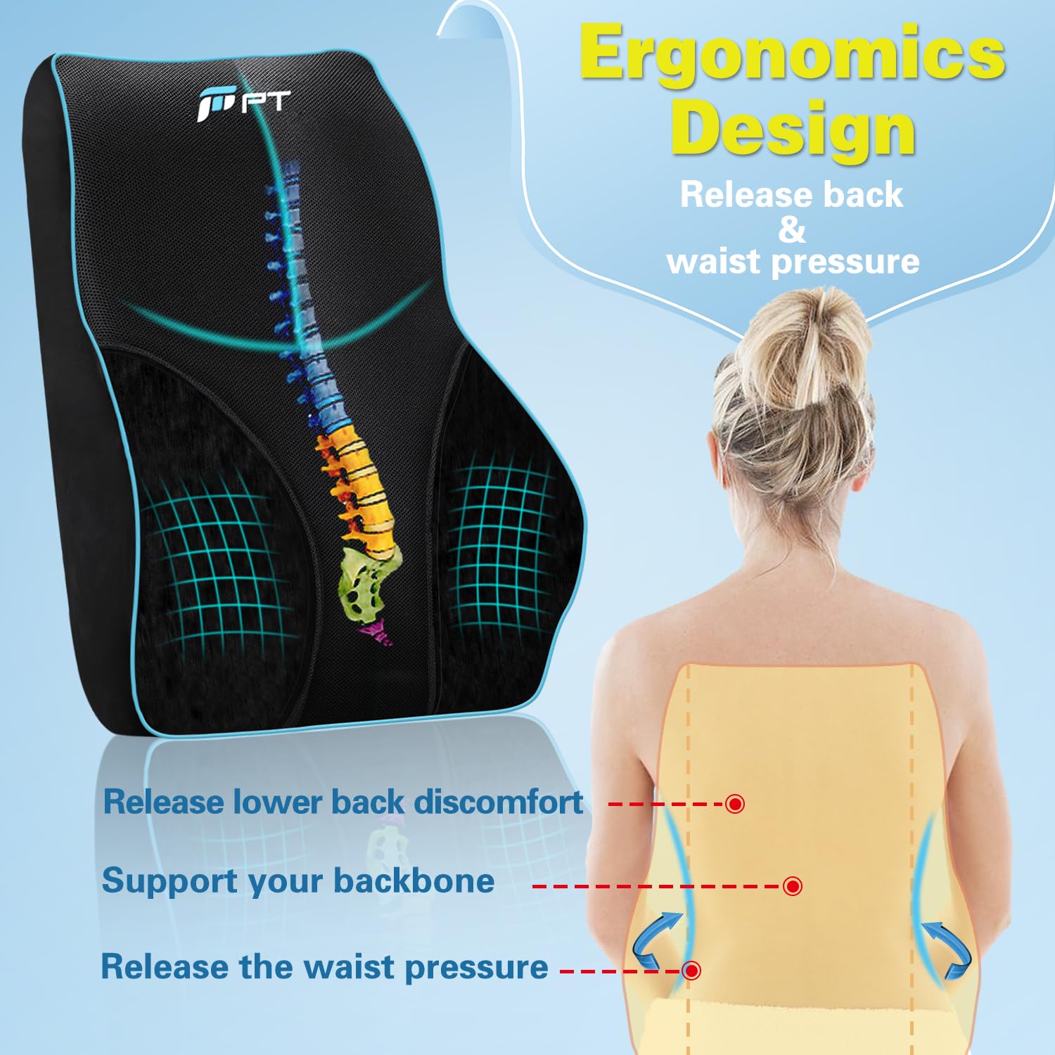 POOTACK Lumbar Support Cushion, Memory Foam Back Support Cushion Lumbar Support for Office Chair, Car Seat, Recliner, with Extension Strap and Mesh Cover