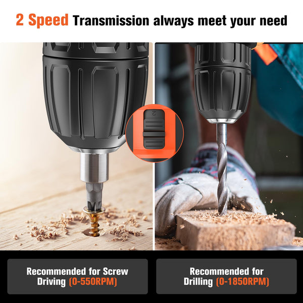 DYJPOW Brushless Cordless Hammer Drill Driver 21V, 2 Batteries 2000mAh, 20+3 Torque, 45N.m Max, 14PCS Drill Bits, 2 Speed, LED Light for Home, Garden DIY