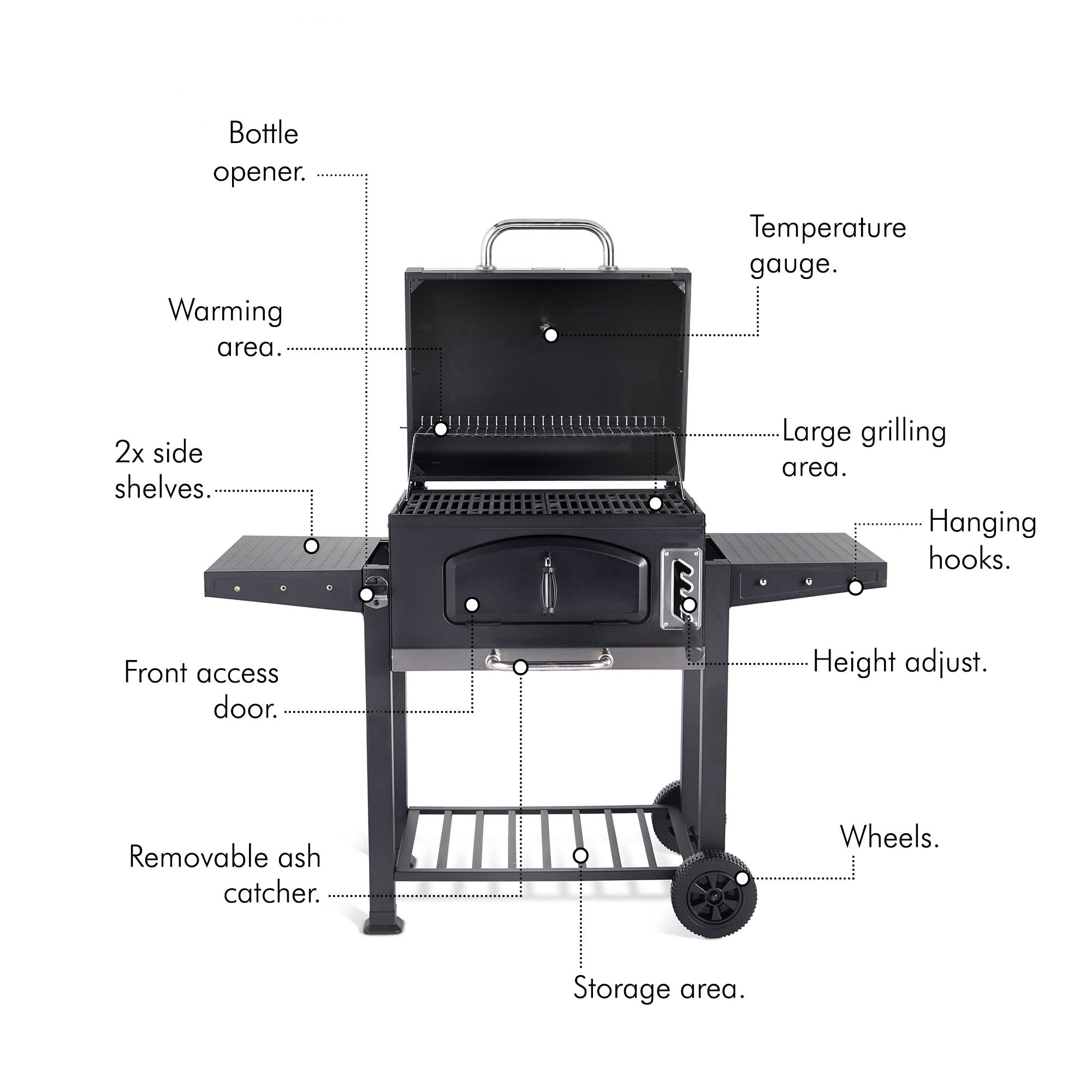 VonHaus Charcoal BBQ – XL Portable Barbecue with Warming Rack, Fold Down Shelves, Temperature Gauge, Wheels, Cooking Grill, Air Vents – 2 in 1 Barbeque and Smoker – Grill Meat, Fish & Vegetables