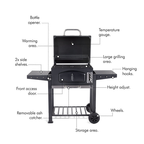 VonHaus Charcoal BBQ – XL Portable Barbecue with Warming Rack, Fold Down Shelves, Temperature Gauge, Wheels, Cooking Grill, Air Vents – 2 in 1 Barbeque and Smoker – Grill Meat, Fish & Vegetables