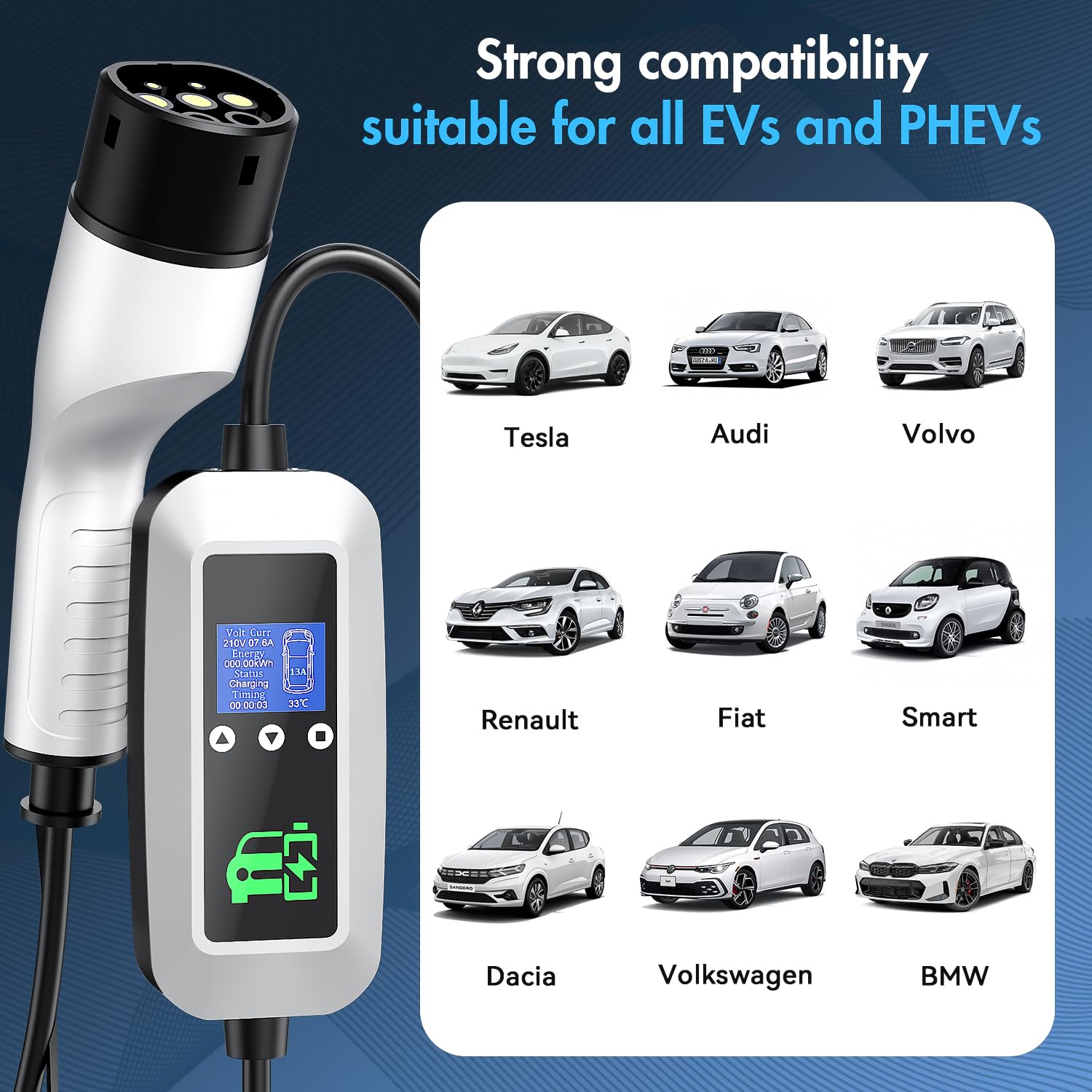 EV Charger Cable Type 2 to 3 Pin Plug 3KW, 6M, 6/8/10/13A, Adjustable Current EV Charger,With LED Screen Timing Delay IP66/IP65, With Carry Bag and Type 2 EV Cable Holder for EVs and PHEVs