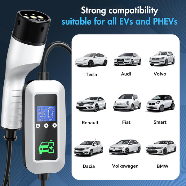 EV Charger Cable Type 2 to 3 Pin Plug 3KW, 6M, 6/8/10/13A, Adjustable Current EV Charger,With LED Screen Timing Delay IP66/IP65, With Carry Bag and Type 2 EV Cable Holder for EVs and PHEVs
