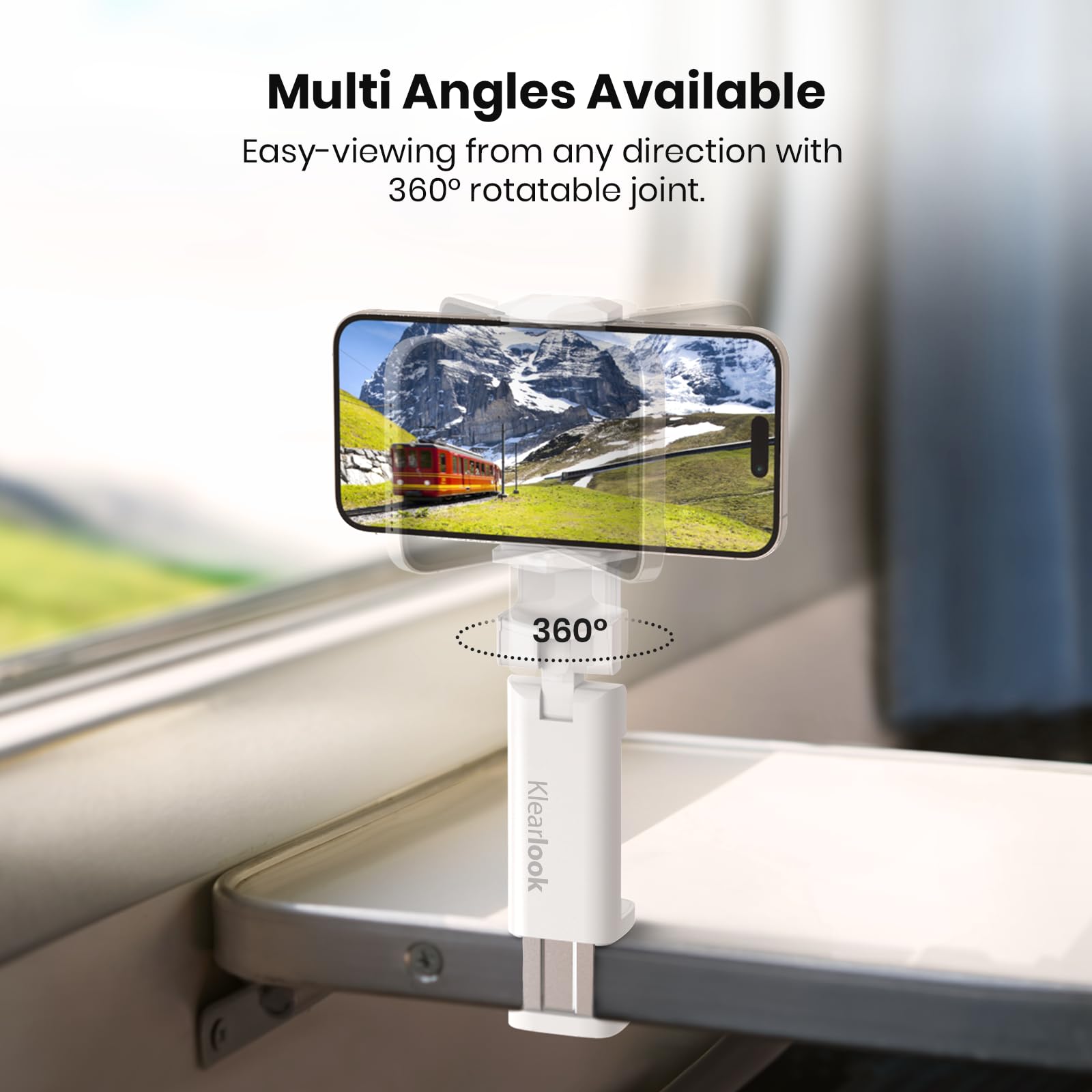 Airplane Phone Holder - Klearlook 4 in 1 Adjustable Phone Stand for Travel,360 Rotation Handsfree Viewing Flight Phone Holder,Foldable Travel Essential,Accessory for Flying/Traveling/Home/Office-Black