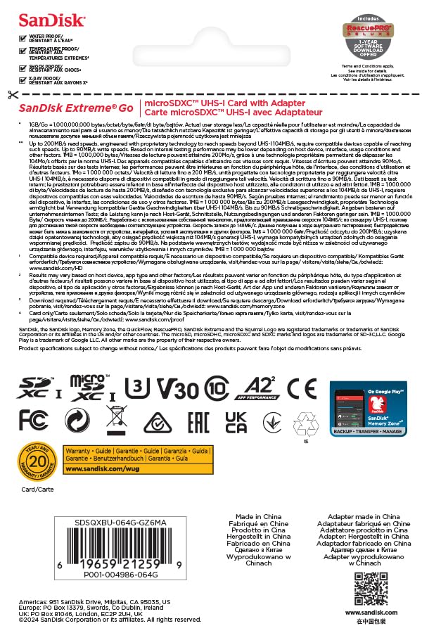 SanDisk 128GB Extreme microSDXC card +SD adapter, microSD card for smartphones, action cameras, drones, V30, up to 190 MB/s, SanDisk QuickFlow Technology, RescuePro Deluxe, UHS-I, 4k, V30, A2, U3