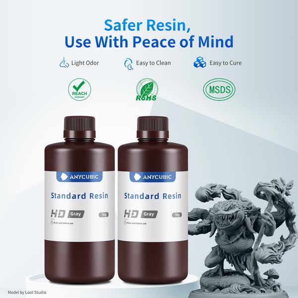 ANYCUBIC Standard 3D Printer Resin, LCD UV 405nm Rapid Photopolymer 3D Resin for 6K/8K/12K/14K LCD 3D Printers(1000g, Grey)