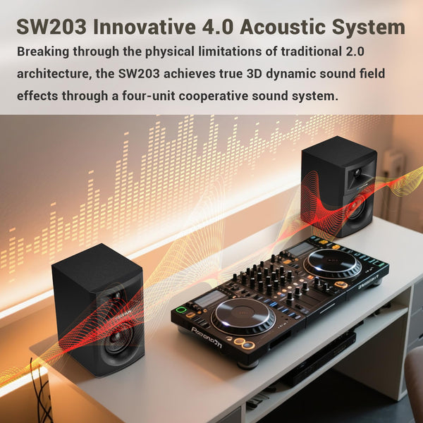 Sanyun SW203 4.0 Computer Speakers - 60W 4-Way DSP Control 3D Immersive Sound - 3" Carbon Fiber Woofer & 20mm Silk Dome Tweeter - 24bit DAC USB/Bluetooth 5.4/AUX - Studio-Grade Audio (Pair, Black)