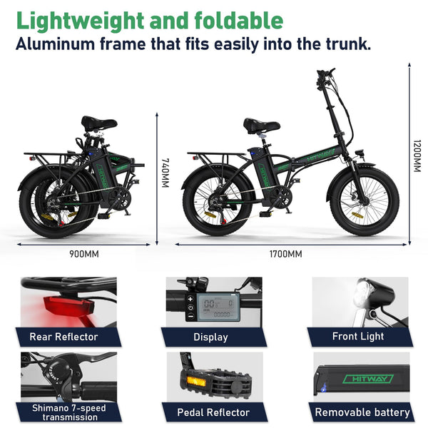 HITWAY Electric Bike for Adults, 20"*3.0 Fat Tire E-Bike 250W Electric Bicycle, Folding Electric Bike, 36V/12Ah Removable Battery, Range 35-90KM, 7-Speed Mountain E Bike for Men Women