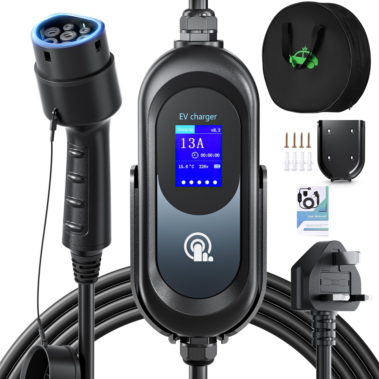 EVJUICION EV Charger Type 2 to 3 Pin 6M, 6/8/10/13A Adjustable, 12 Hours Delay Timer, Touch Control, IP67 Waterproof, 3.3kW Electric Car Charger, EV Charger Cable Type 2 to 3 Pin Plug with Cable Bag