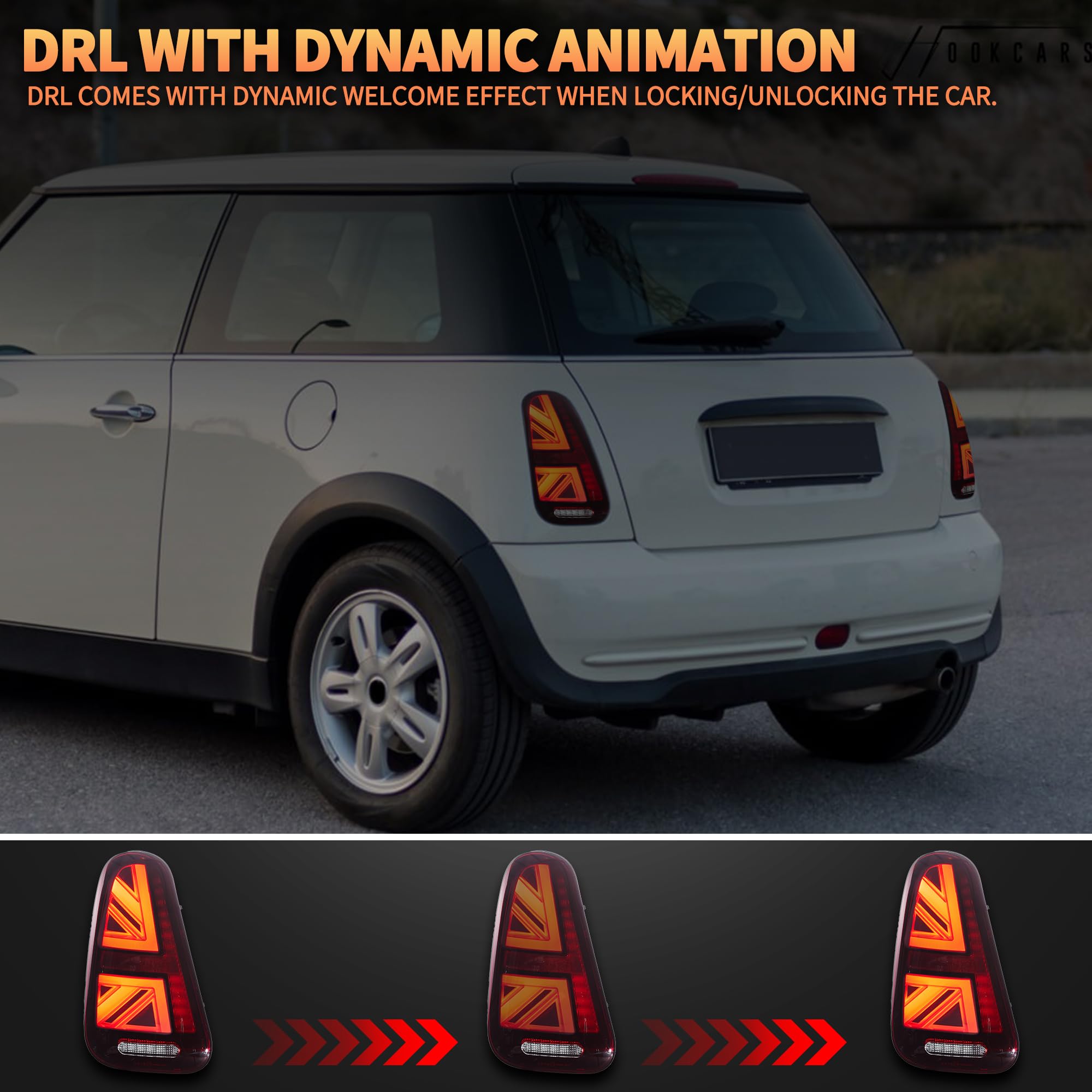 VLAND LED Rear Lights Compatible with Mini Cooper R50 R52 R53 2001-2006 1st Gen Hatch/Convertible, Union Jack Tail Lights w/Startup Dynamic Display & Sequential Indicator, 1 Set (Red)