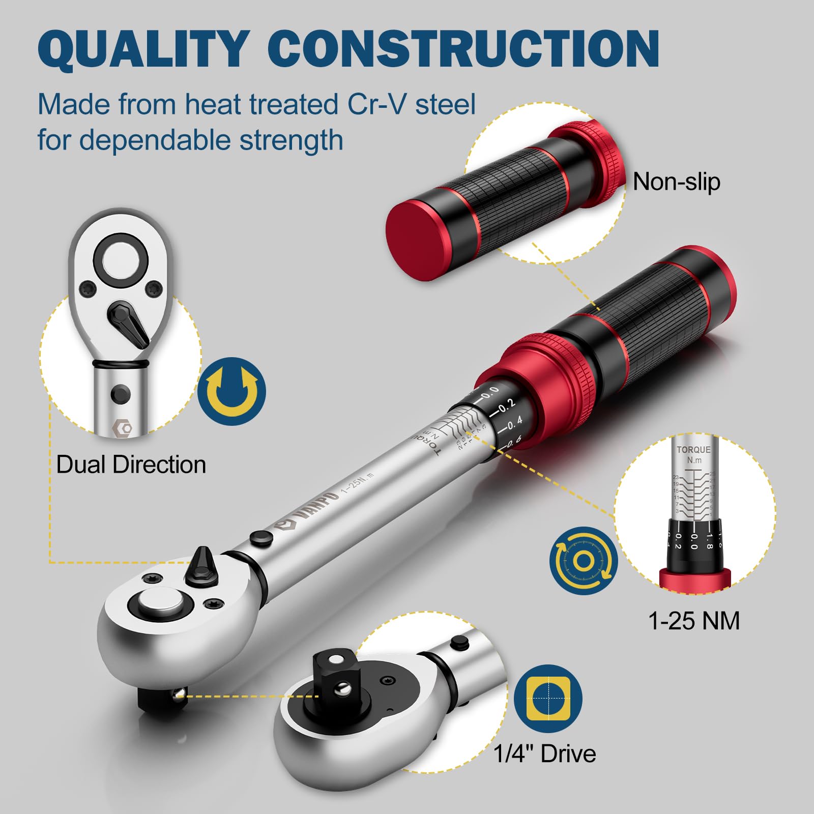 VANPO Torque Wrench 3/8” Drive, 5-60 NM, ±3% Accuracy, 72 Tooth Click Torque Wrench Set with 3/8 to 1/4 Adapter, 125 mm Extension Bar for Bike and Motorcycle, Car Spark