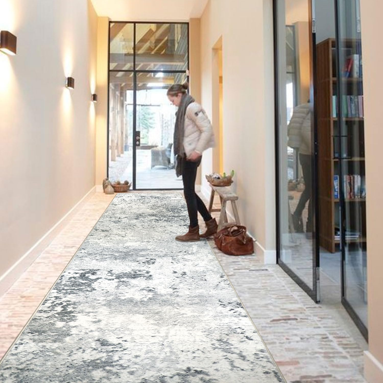 Homcomodar Abstract Runner Rug for Entryway 80x300cm Extra Long Modern Rug Runners Faux Woolen Bedroom Rug Floor Carpet Runner Non Shedding Throw Rugs