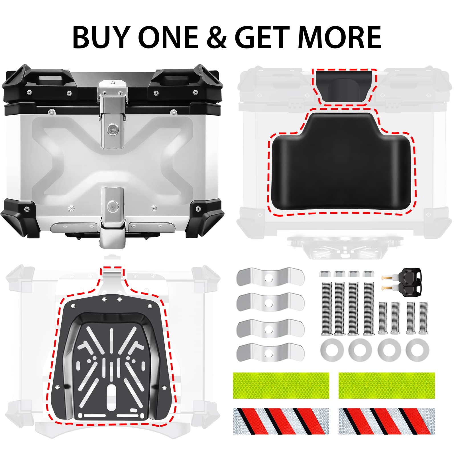 VOKKA Motorcycle Top Box, 65L Aluminium Alloy Waterproof Dustproof and Anti-Theft, Luggage Box for Storage Helmet, Motorbike Top Case with Backrest and Baseplate (Silver)