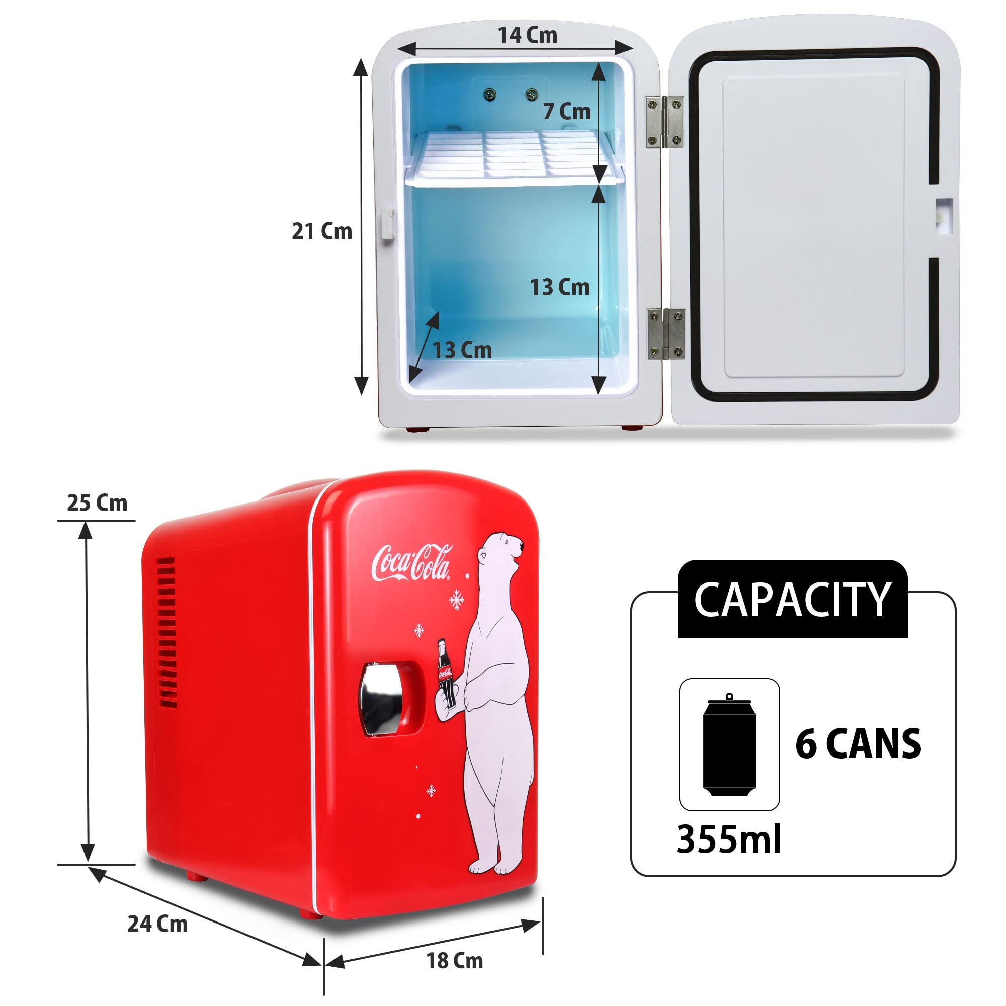 Coca Cola Polar Mini Fridge - Refrigerator for Bedroom Skincare Office, Portable Table Top Beverage Cooler, 12V DC/220V AC Refrigerador For Drinks, Soda, Wine, Use In Car, Dorm, Patio, 6 Can