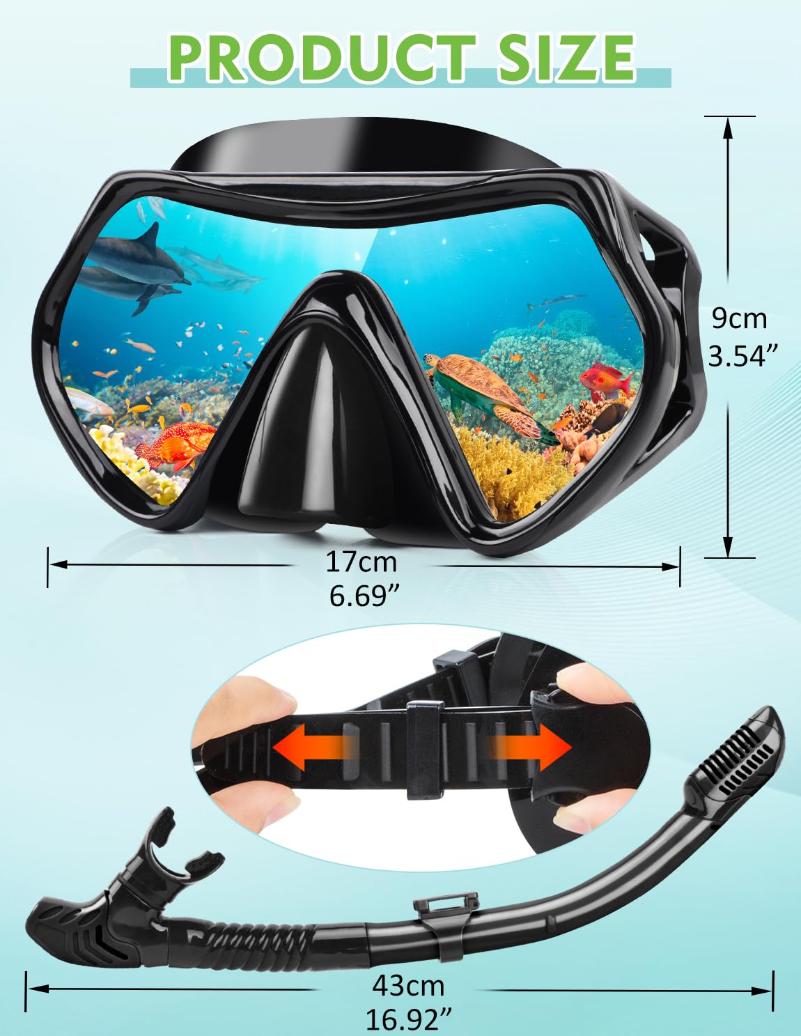 Hydomi Snorkel Set Adults 180° Panoramic Anti-Fog Snorkel Mask with Dry Top Valve, Leak-Proof Tempered Glass Diving Set for Swimming Snorkeling, Travel-Friendly Kit with Adjustable Straps