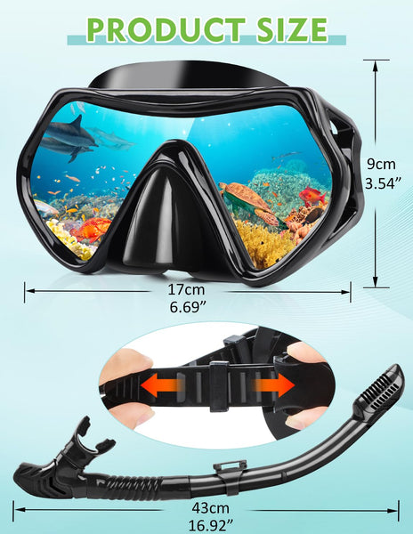 Hydomi Snorkel Set Adults 180° Panoramic Anti-Fog Snorkel Mask with Dry Top Valve, Leak-Proof Tempered Glass Diving Set for Swimming Snorkeling, Travel-Friendly Kit with Adjustable Straps