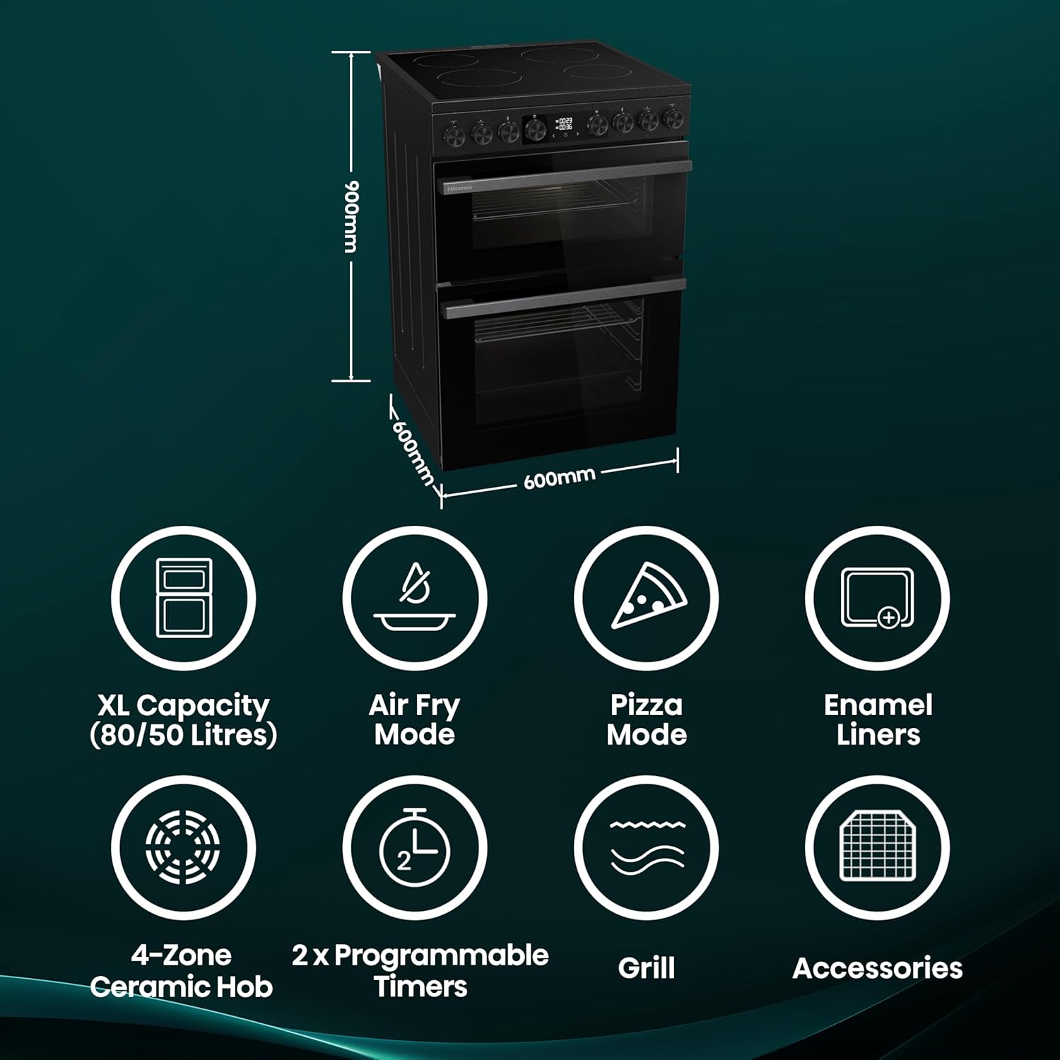 Hisense HDUKC60B 60cm Electric Cooker with Ceramic Hob-Black, A Rated Double Oven 50L/80L [Energy Class A]