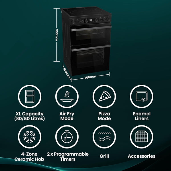 Hisense HDUKC60B 60cm Electric Cooker with Ceramic Hob-Black, A Rated Double Oven 50L/80L [Energy Class A]