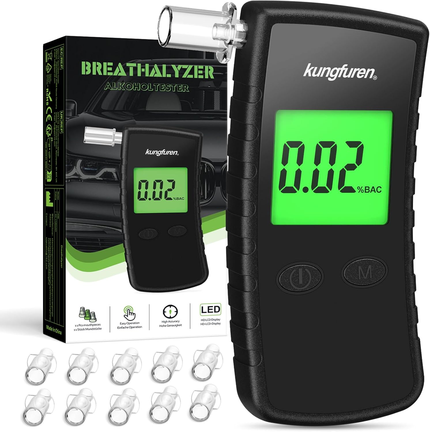 kungfuren Alcohol Breathalyzer Tester Digital Breathalyser - Breath Testers with 11Pcs Mouthpieces for Home Personal Testing - High Accuracy Breathalysers with Digital LCD Screen