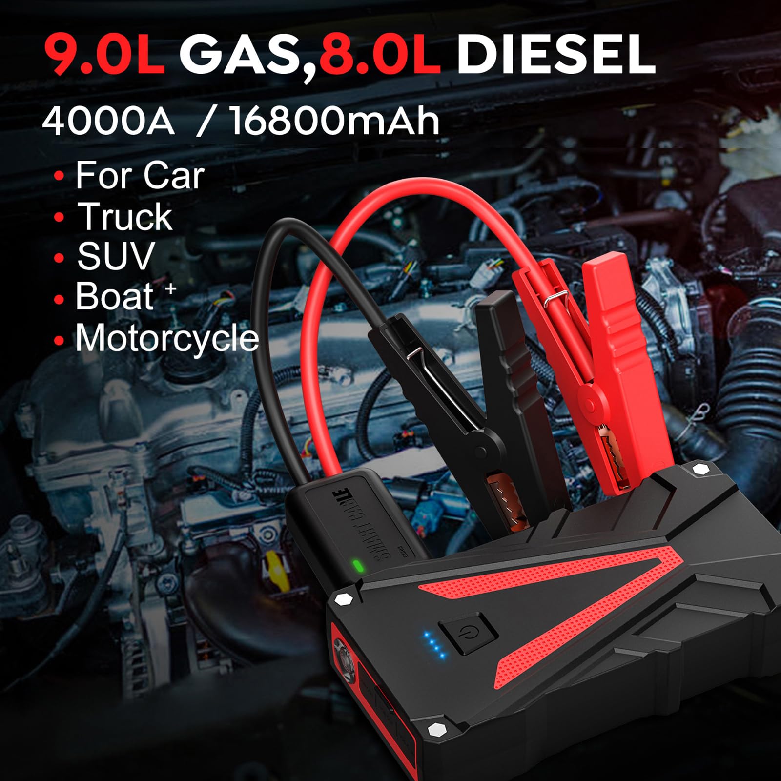 6000A Jump Starter Power Pack,12V Car Jump Starter, Portable Car Battery Booster Jump Starter with Jump Leads,Quick Charge,LED Flashlight